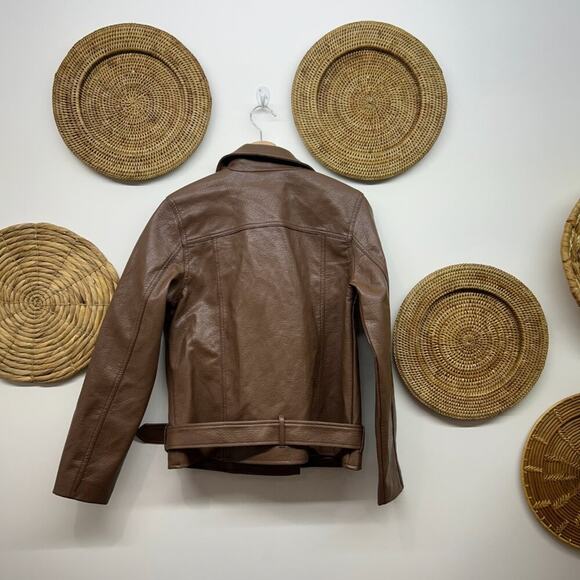 Old Navy Neutral Brown Belted Buckle Collared Faux Leather Moto Jacket Medium - Picture 2 of 6